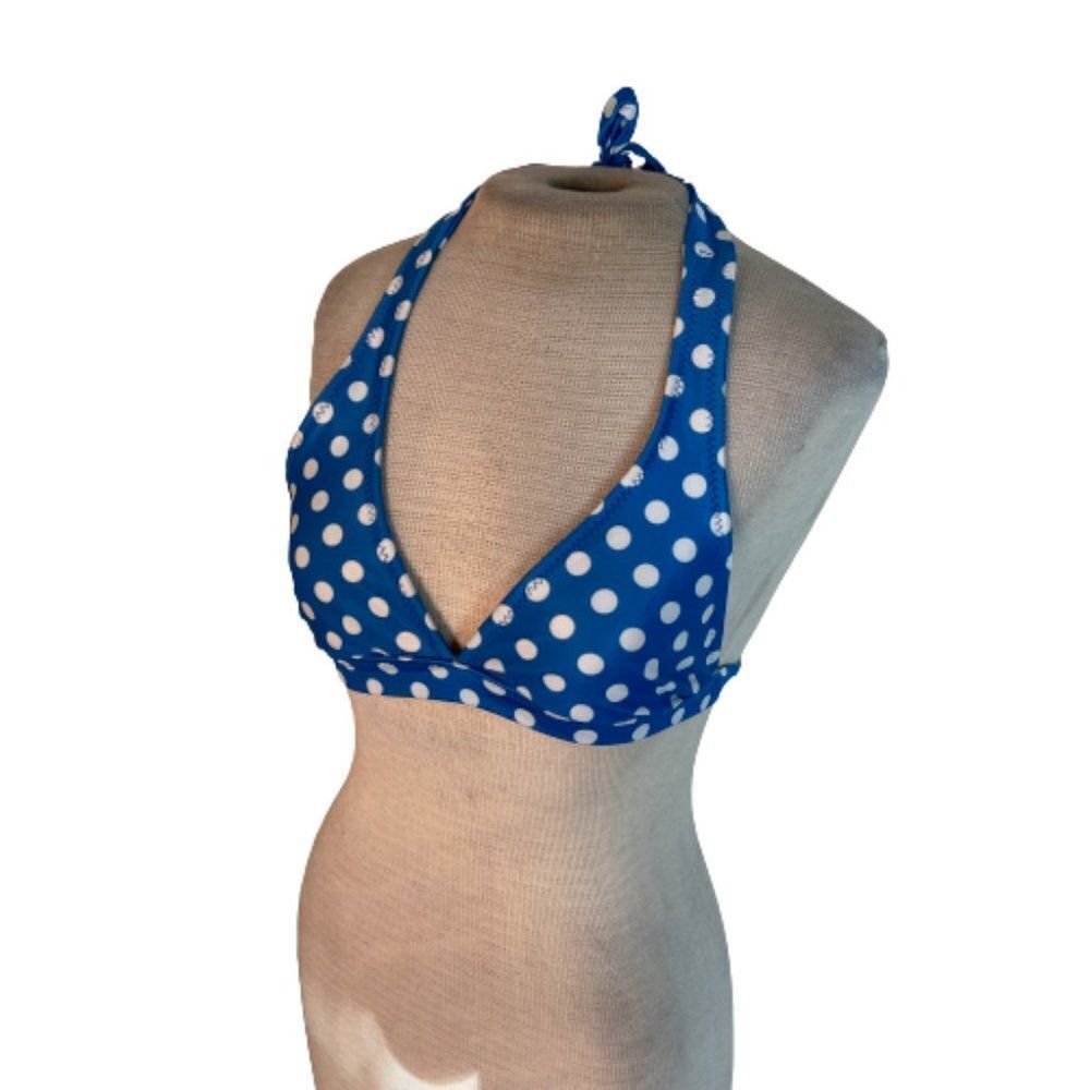 Smack Sportswear Polka Dot Halter Bikini Swim Top Blue White S Small